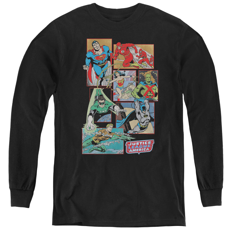 AN OFFCIALLY LICENSED DC JUSTICE LEAGUE BOXES YOUTH LONG SLEEVE T-SHIRT BLACK