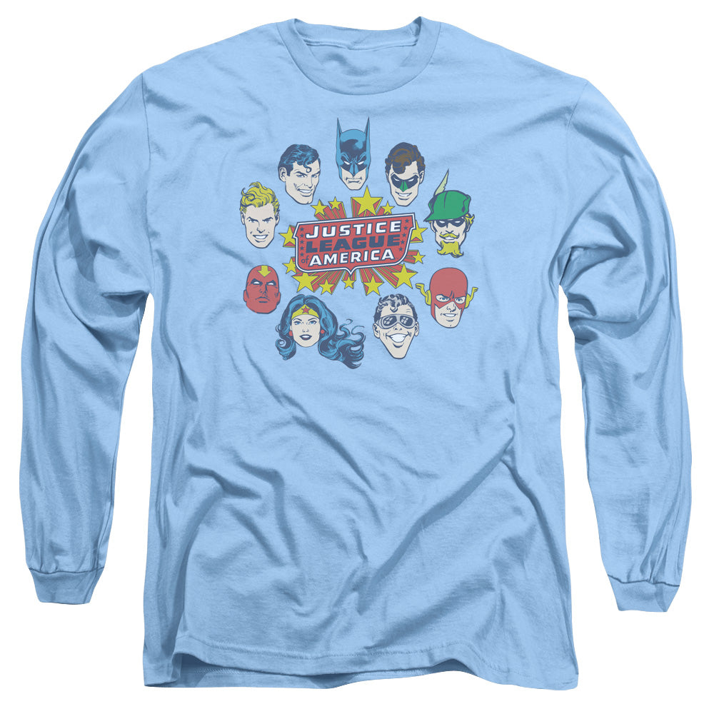 AN OFFCIALLY LICENSED DC JUSTICE HEAD CIRCLE MEN'S LONG SLEEVE T-SHIRT CAROLINA BLUE