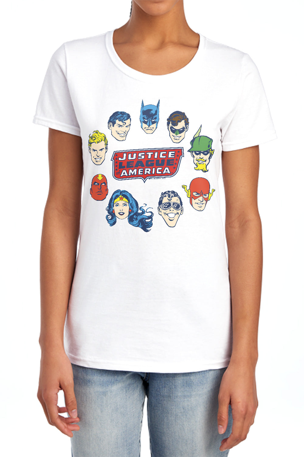 AN OFFCIALLY LICENSED DC JUSTICE HEAD CIRCLE WOMEN'S REGULAR FIT T-SHIRT CAROLINA BLUE