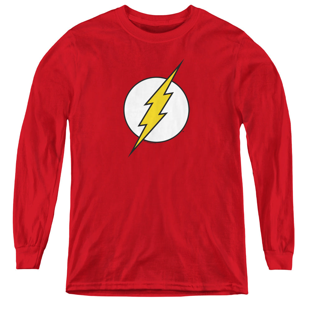 AN OFFCIALLY LICENSED DC FLASH FLASH LOGO YOUTH LONG SLEEVE T-SHIRT RED