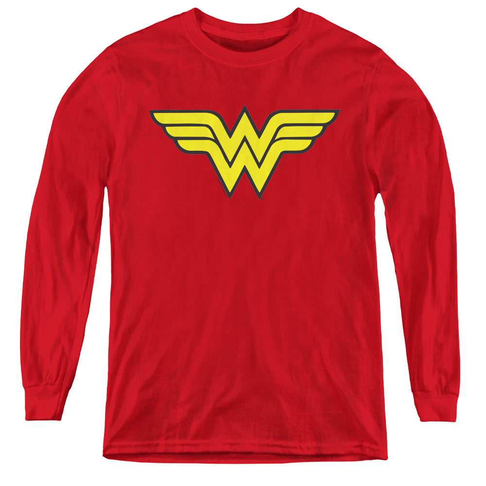 AN OFFCIALLY LICENSED DC WONDER WOMAN LOGO YOUTH LONG SLEEVE T-SHIRT RED
