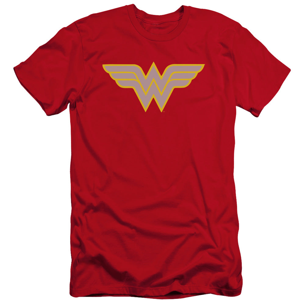 AN OFFCIALLY LICENSED DC WW LOGO MEN'S PREMIUM SLIM FIT T-SHIRT RED