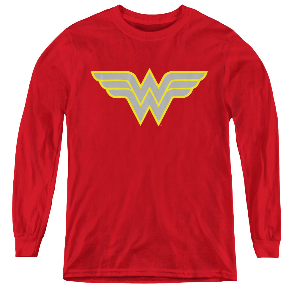 AN OFFCIALLY LICENSED DC WW LOGO YOUTH LONG SLEEVE T-SHIRT RED