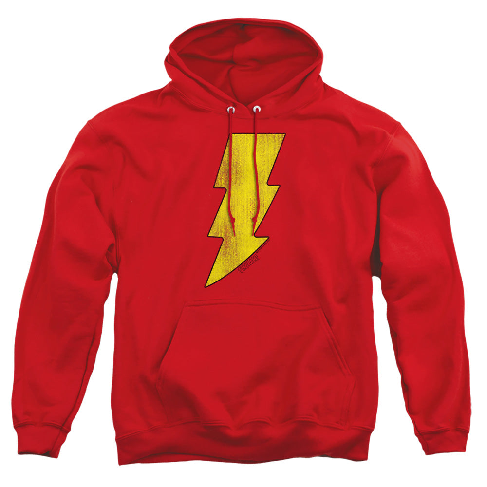 AN OFFCIALLY LICENSED DC SHAZAM LOGO DISTRESSED ADULT UNISEX PULLOVER HOODIE RED
