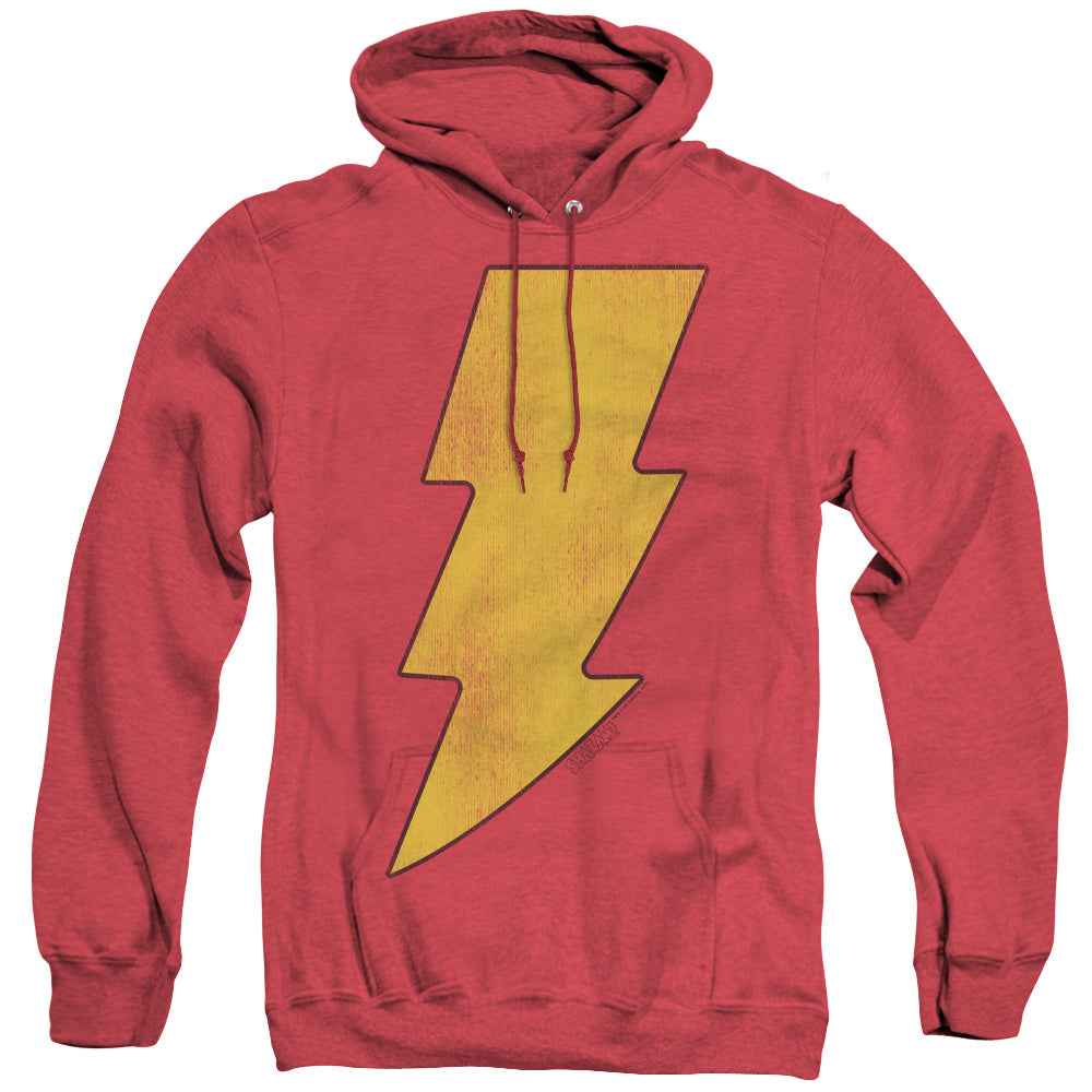 AN OFFCIALLY LICENSED DC SHAZAM LOGO DISTRESSED ADULT UNISEX HEATHER PULLOVER HOODIE RED