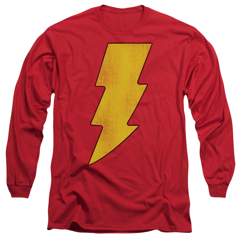 AN OFFCIALLY LICENSED DC SHAZAM LOGO DISTRESSED MEN'S LONG SLEEVE T-SHIRT RED