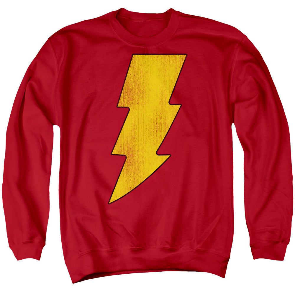 AN OFFCIALLY LICENSED DC SHAZAM LOGO DISTRESSED ADULT UNISEX CREWNECK SWEATSHIRT RED