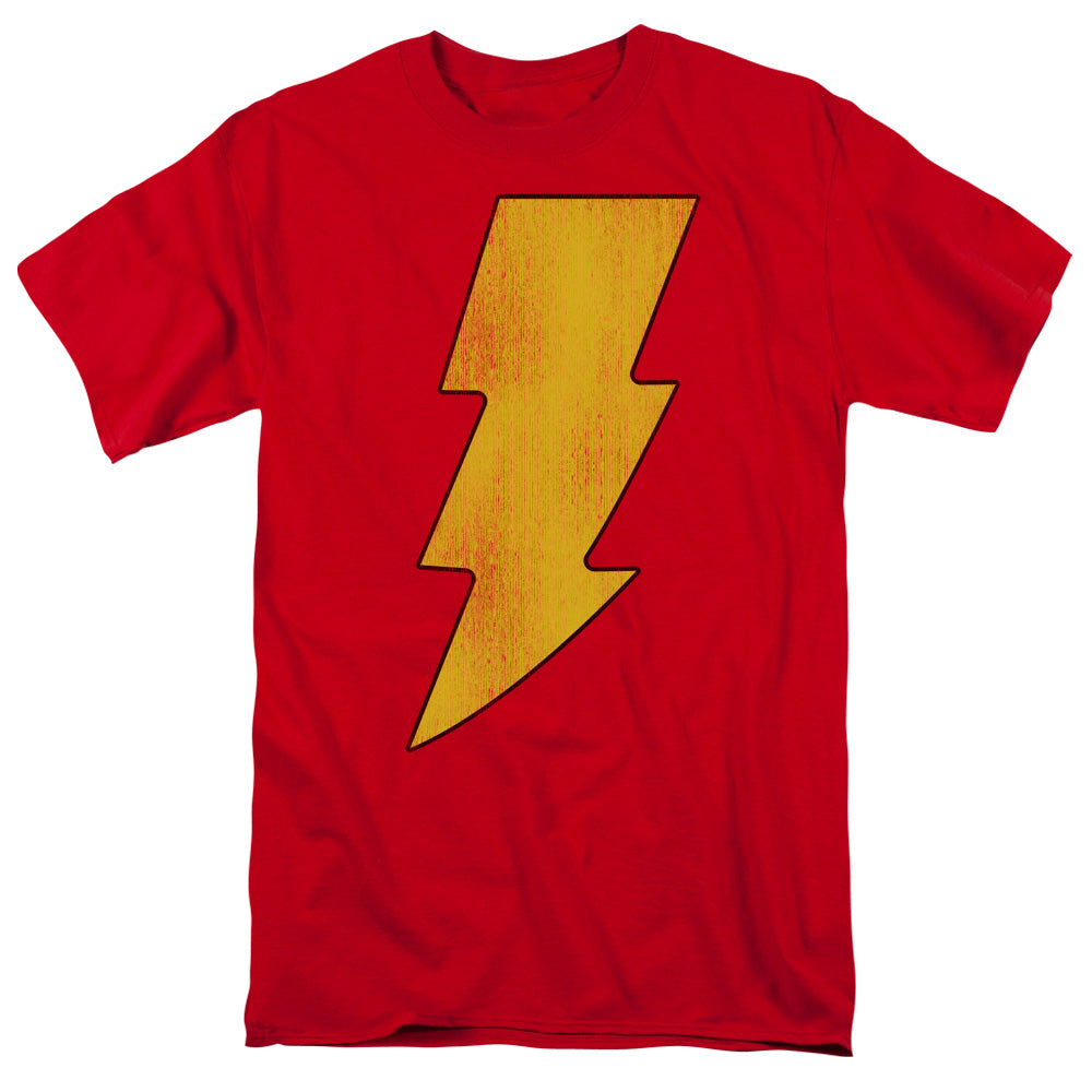 AN OFFCIALLY LICENSED DC SHAZAM LOGO DISTRESSED MEN'S REGULAR FIT T-SHIRT RED