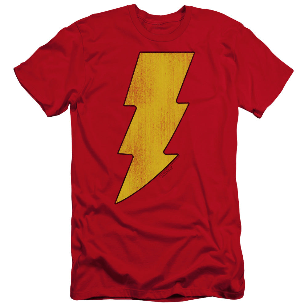 AN OFFCIALLY LICENSED DC SHAZAM LOGO DISTRESSED MEN'S PREMIUM SLIM FIT T-SHIRT RED