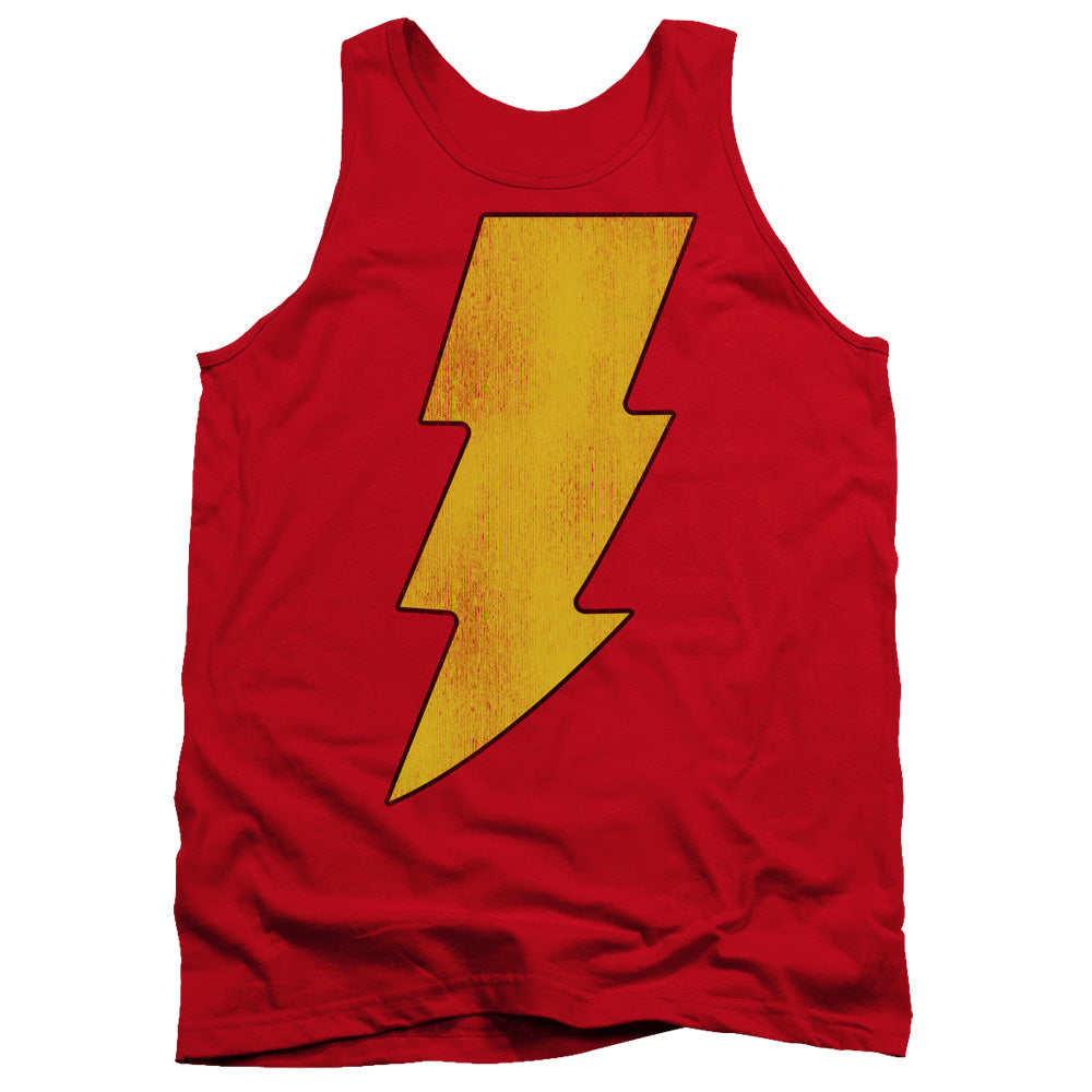 AN OFFCIALLY LICENSED DC SHAZAM LOGO DISTRESSED ADULT UNISEX TANK TOP RED