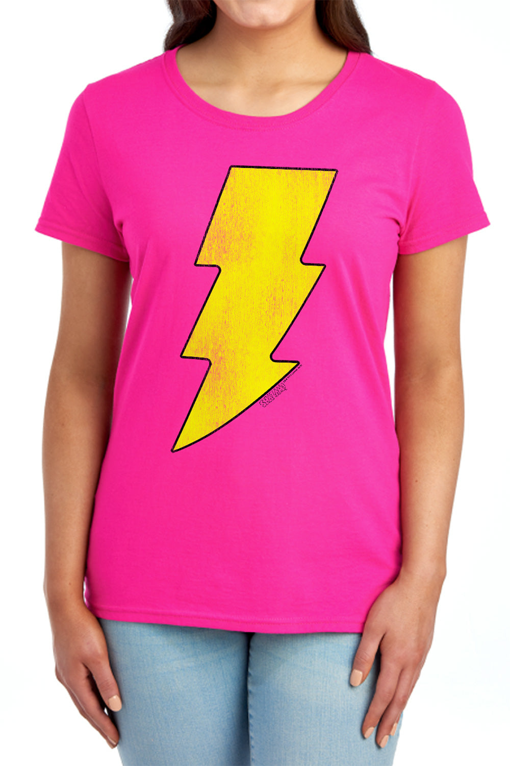 AN OFFCIALLY LICENSED DC SHAZAM LOGO DISTRESSED WOMEN'S REGULAR FIT T-SHIRT RED