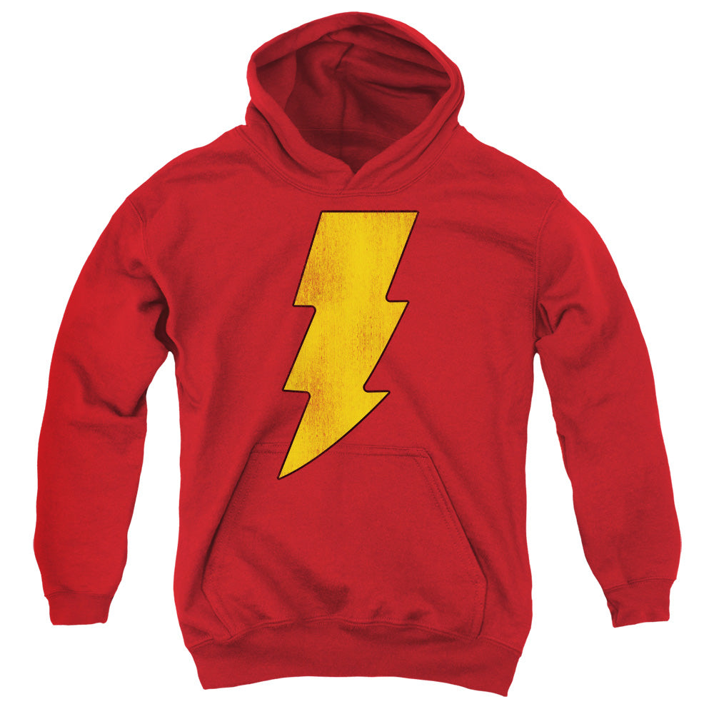 AN OFFCIALLY LICENSED DC SHAZAM LOGO DISTRESSED YOUTH HOODIE RED