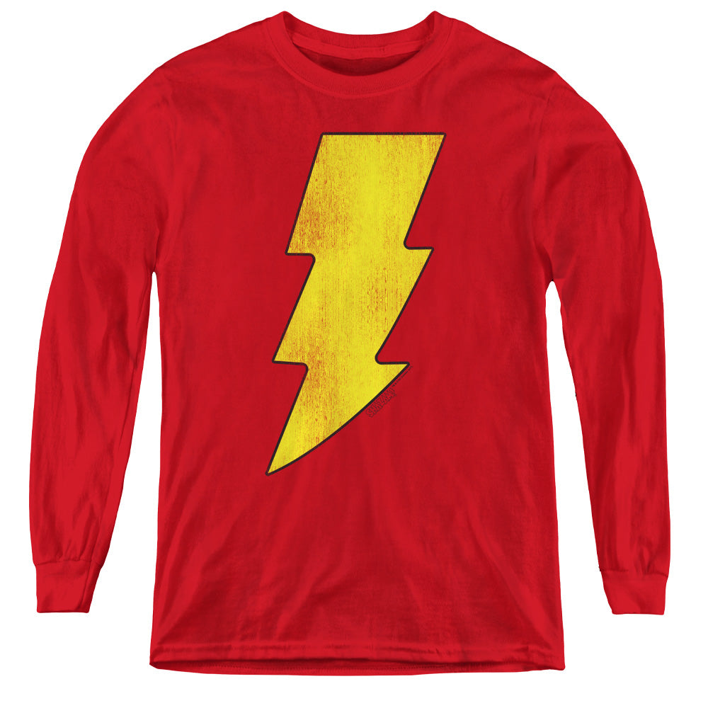 AN OFFCIALLY LICENSED DC SHAZAM LOGO DISTRESSED YOUTH LONG SLEEVE T-SHIRT RED