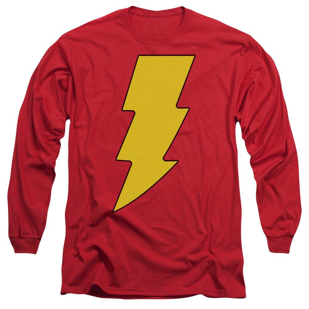 AN OFFCIALLY LICENSED DC SHAZAM LOGO MEN'S LONG SLEEVE T-SHIRT RED