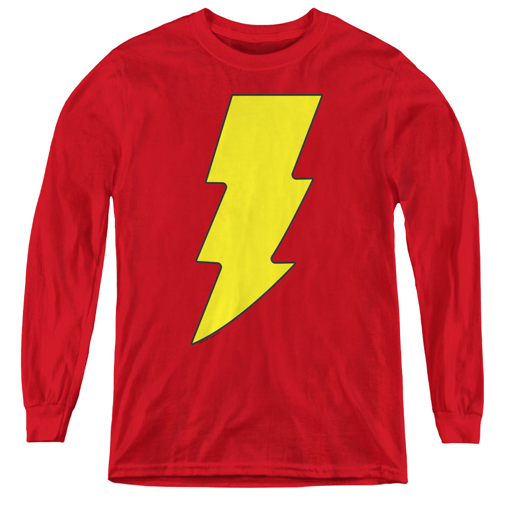 AN OFFCIALLY LICENSED DC SHAZAM LOGO YOUTH LONG SLEEVE T-SHIRT RED