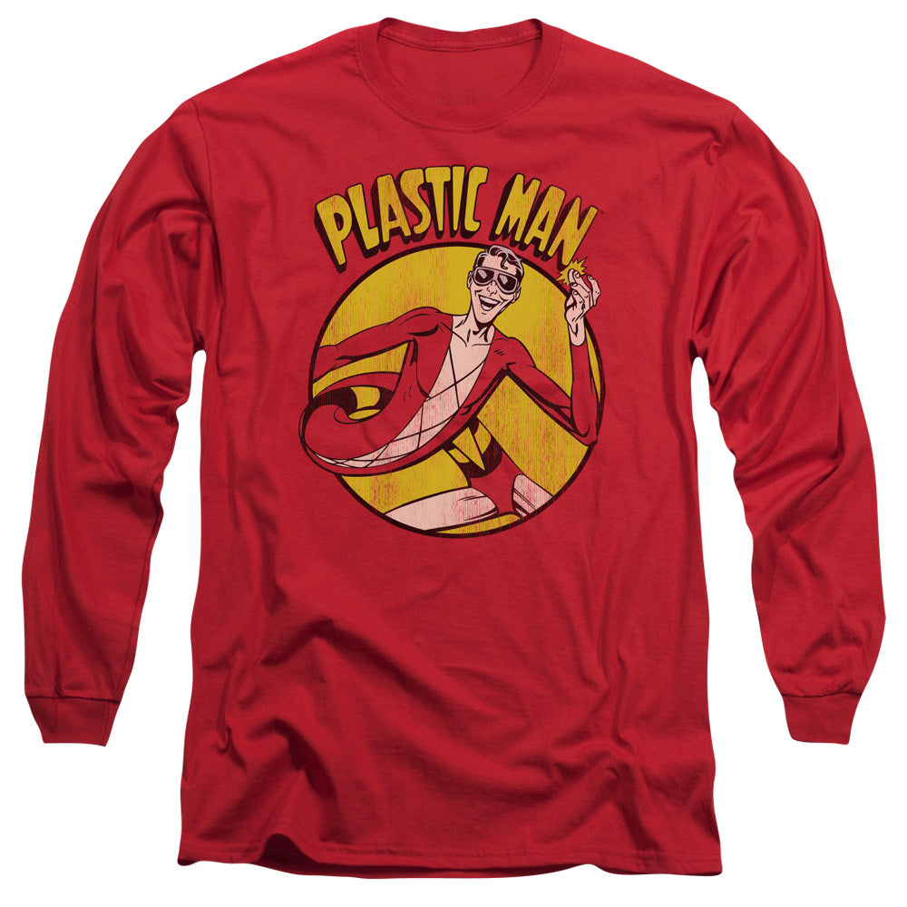 AN OFFCIALLY LICENSED DC PLASTIC MAN MEN'S LONG SLEEVE T-SHIRT RED