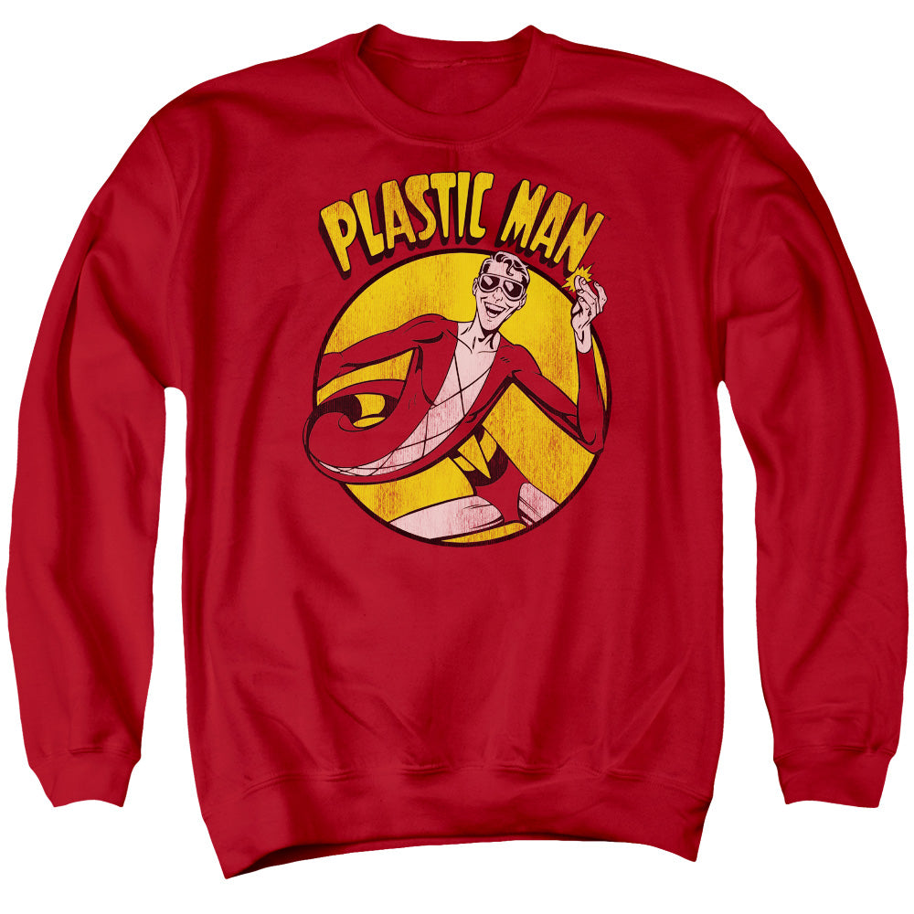AN OFFCIALLY LICENSED DC PLASTIC MAN ADULT UNISEX CREWNECK SWEATSHIRT RED