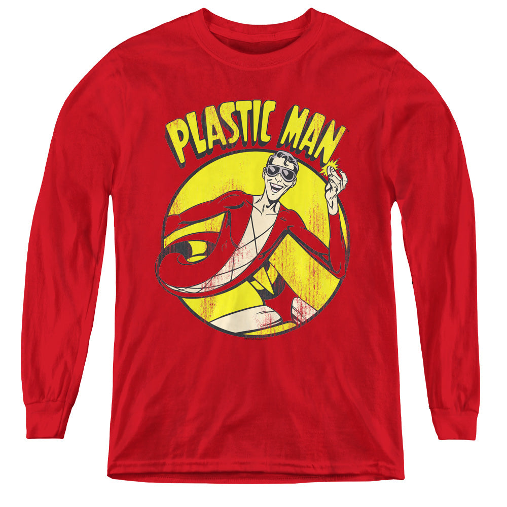 AN OFFCIALLY LICENSED DC PLASTIC MAN YOUTH LONG SLEEVE T-SHIRT RED