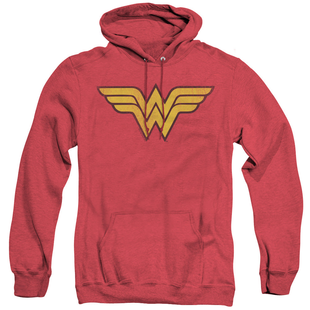 AN OFFCIALLY LICENSED DC WONDER WOMAN LOGO DIST ADULT UNISEX HEATHER PULLOVER HOODIE RED