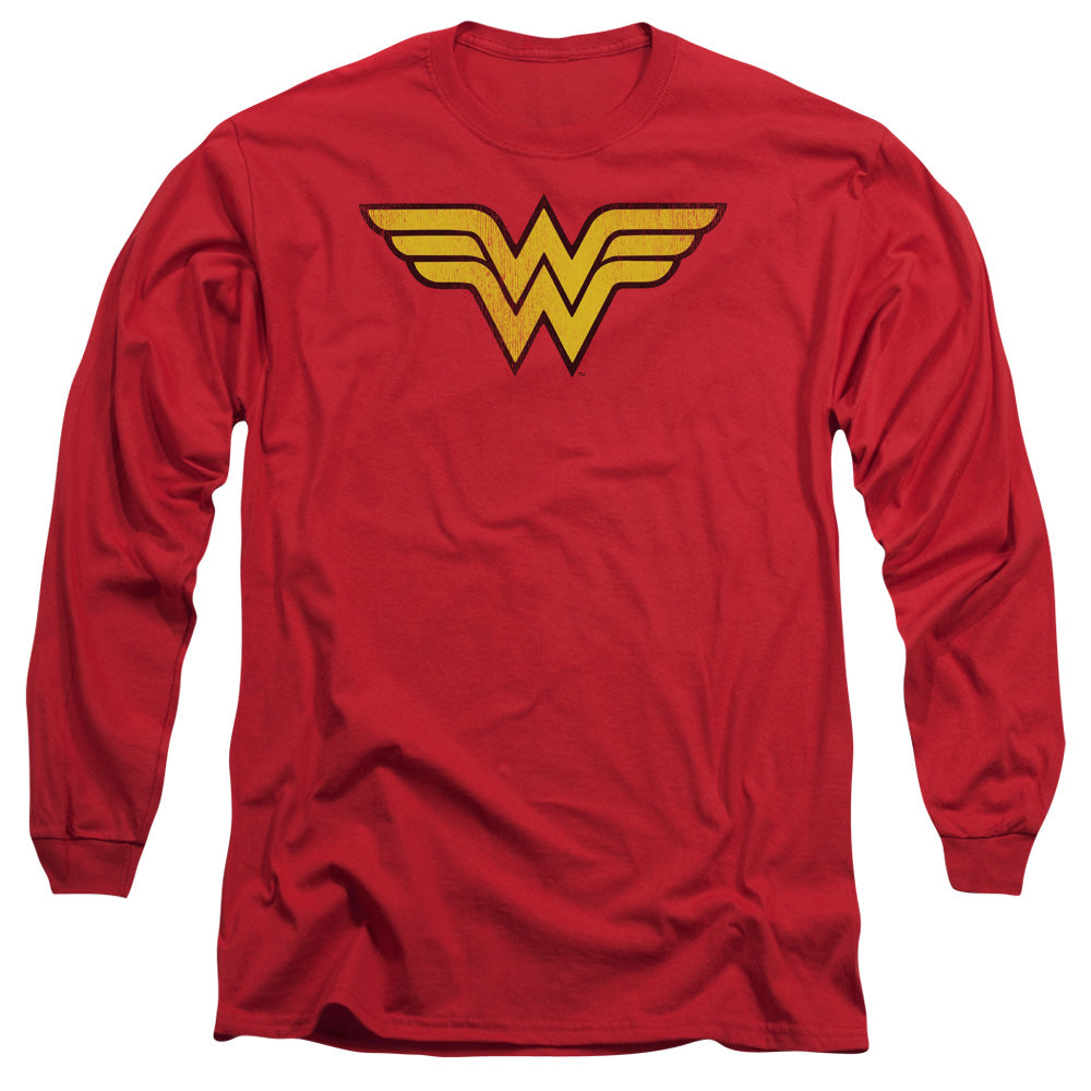 AN OFFCIALLY LICENSED DC WONDER WOMAN LOGO DIST MEN'S LONG SLEEVE T-SHIRT RED