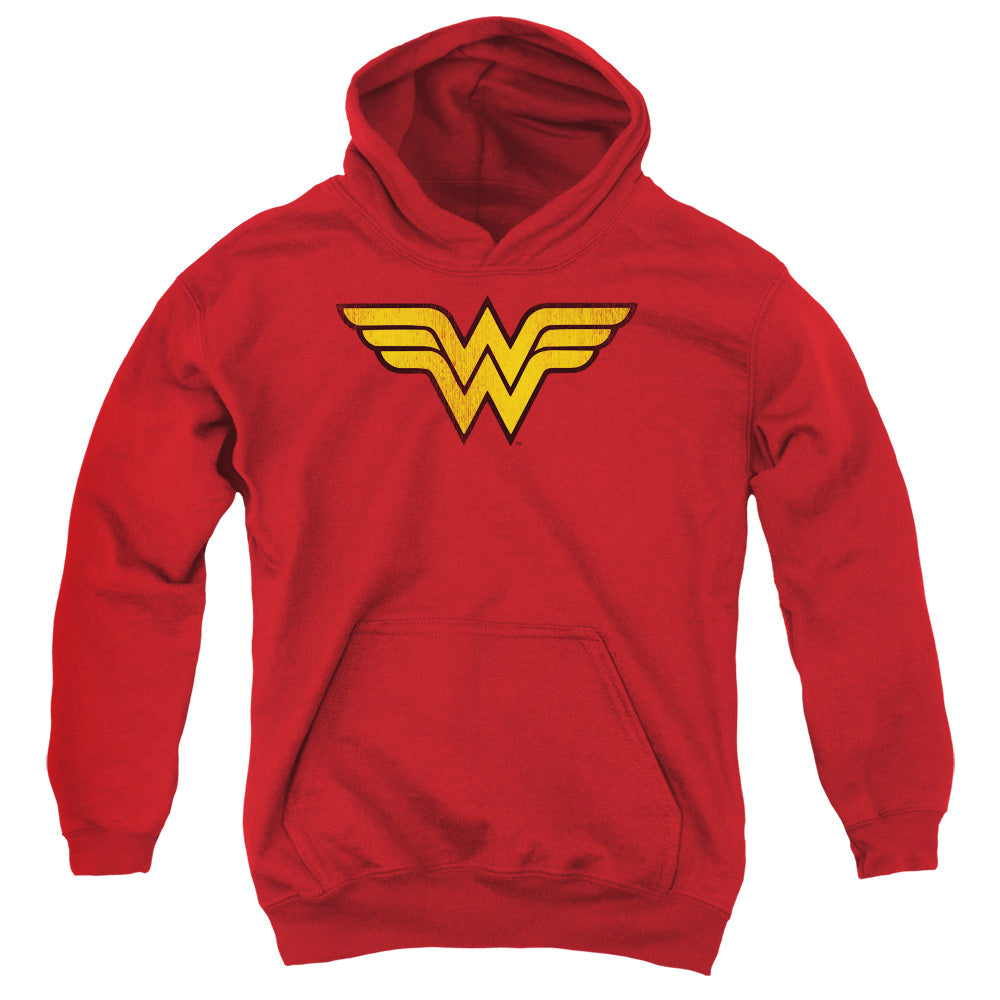 AN OFFCIALLY LICENSED DC WONDER WOMAN LOGO DIST YOUTH HOODIE RED