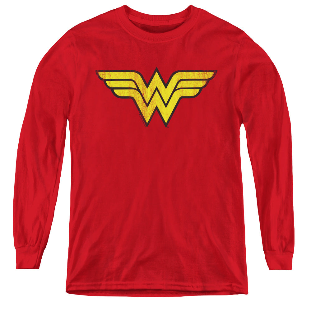AN OFFCIALLY LICENSED DC WONDER WOMAN LOGO DIST YOUTH LONG SLEEVE T-SHIRT RED