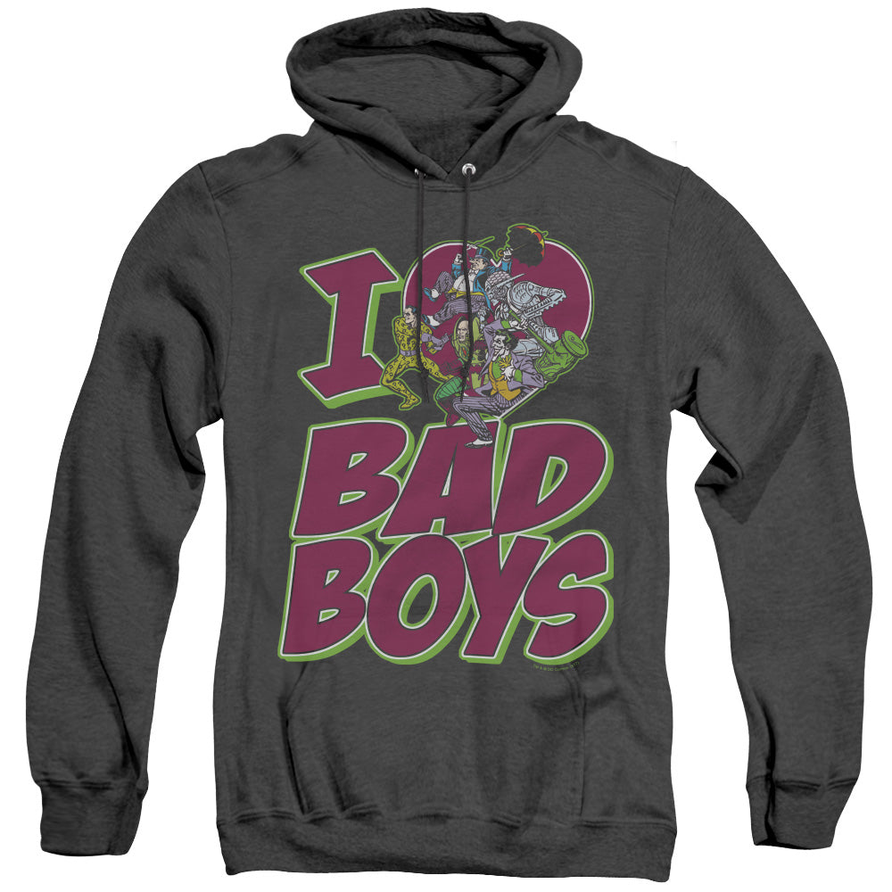 AN OFFCIALLY LICENSED DC I HEART BAD BOYS ADULT UNISEX HEATHER PULLOVER HOODIE BLACK