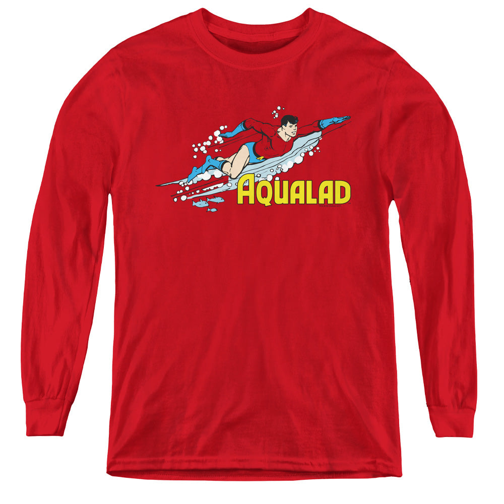 AN OFFCIALLY LICENSED DC AQUALAD YOUTH LONG SLEEVE T-SHIRT RED