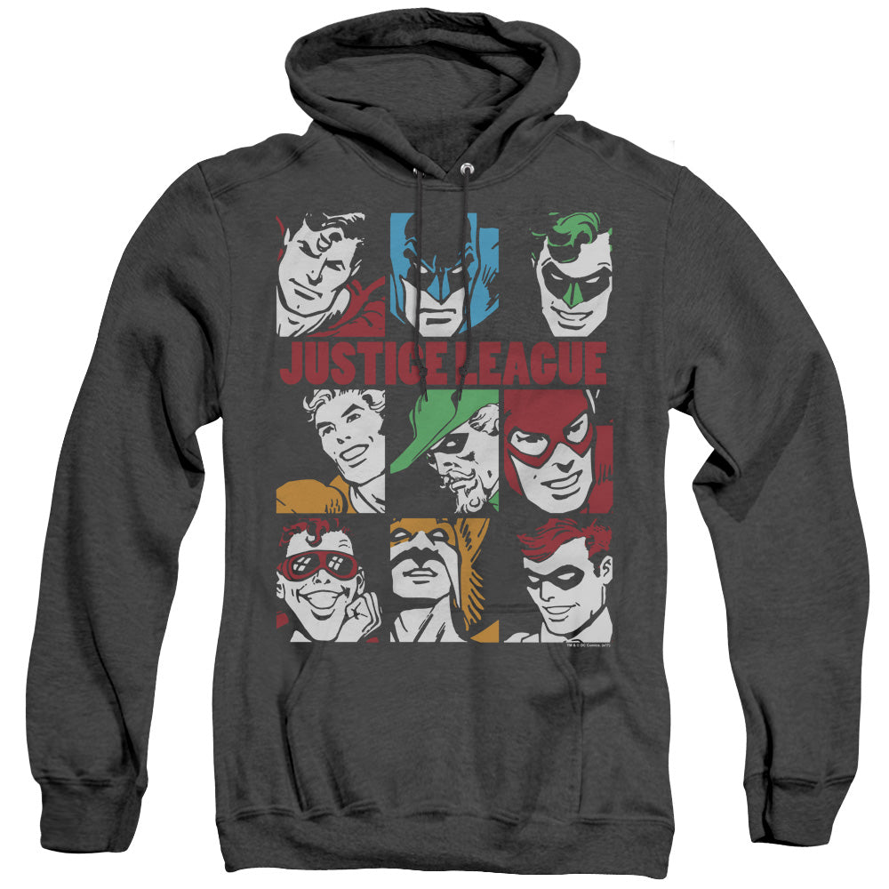 AN OFFCIALLY LICENSED DC NINE BLOCKS OF JUSTICE ADULT UNISEX HEATHER PULLOVER HOODIE BLACK