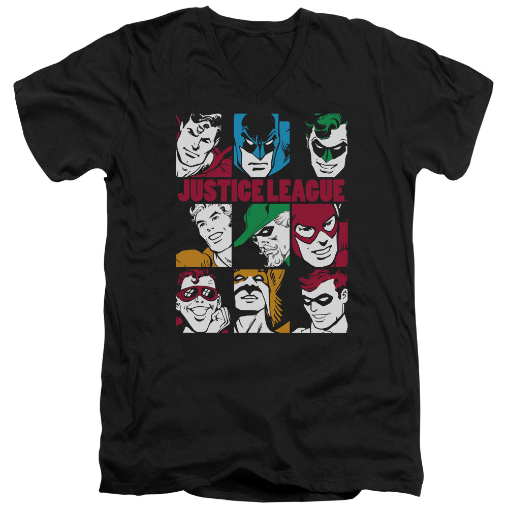 AN OFFCIALLY LICENSED DC NINE BLOCKS OF JUSTICE MEN'S V-NECK T-SHIRT BLACK