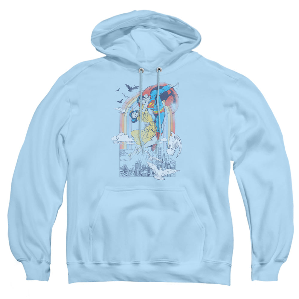 AN OFFCIALLY LICENSED DC RAINBOW LOVE ADULT UNISEX PULLOVER HOODIE LIGHT BLUE