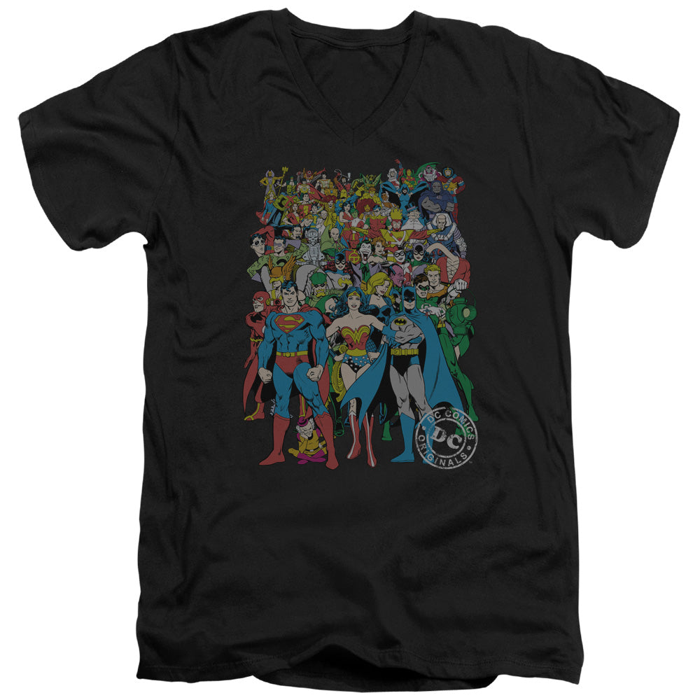 AN OFFCIALLY LICENSED DC ORIGINAL UNIVERSE MEN'S V-NECK T-SHIRT BLACK