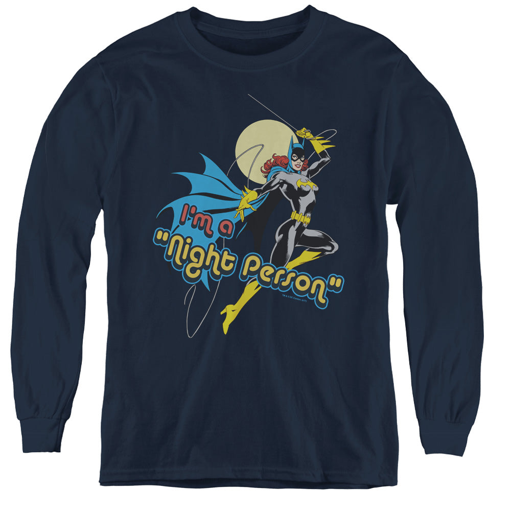 AN OFFCIALLY LICENSED DC NIGHT PERSON YOUTH LONG SLEEVE T-SHIRT NAVY