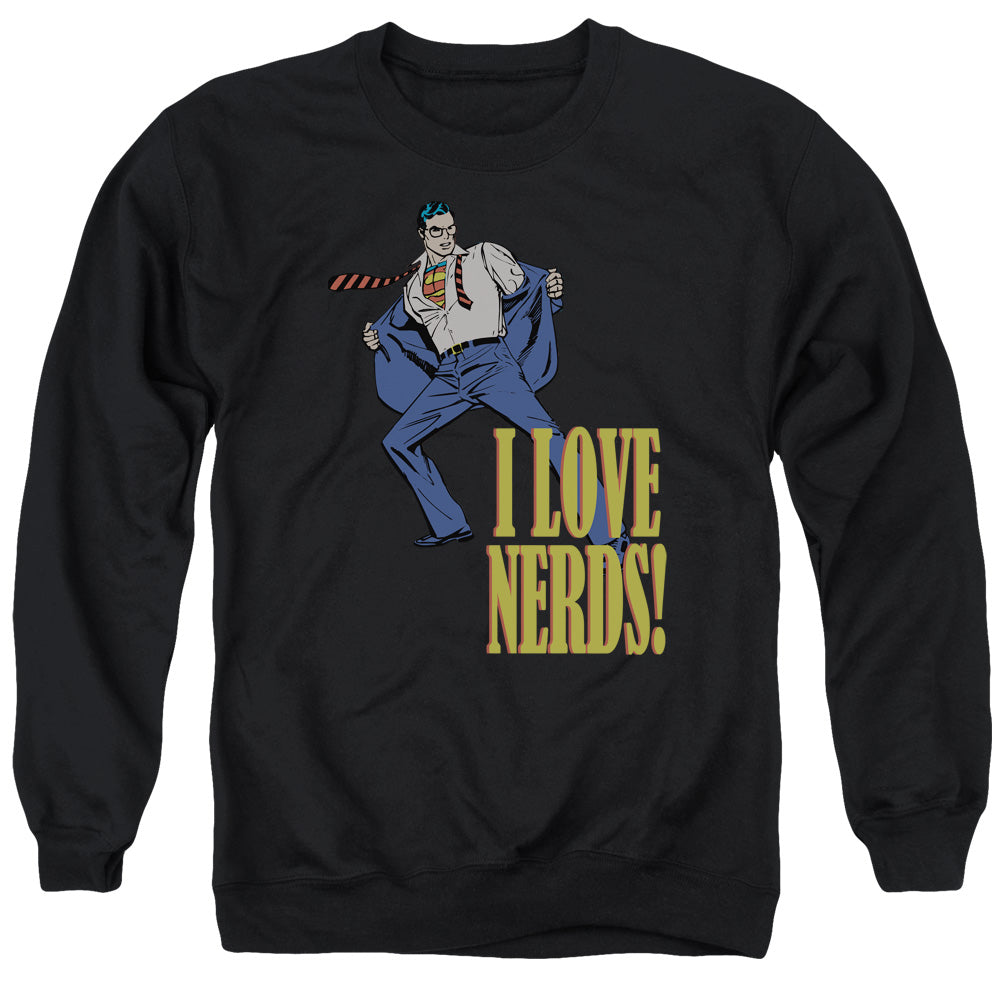 AN OFFCIALLY LICENSED DC I LOVE NERDS ADULT UNISEX CREWNECK SWEATSHIRT BLACK