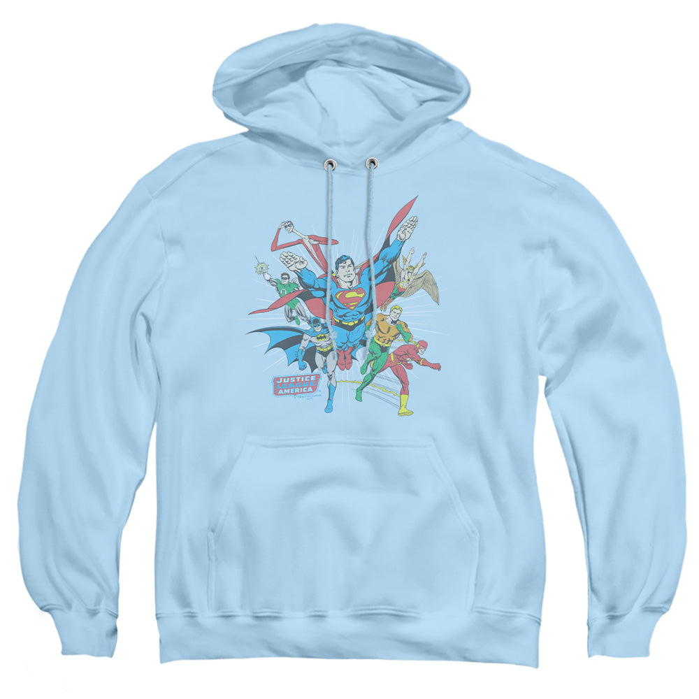 AN OFFCIALLY LICENSED DC LEAD THE CHARGE ADULT UNISEX PULLOVER HOODIE LIGHT BLUE