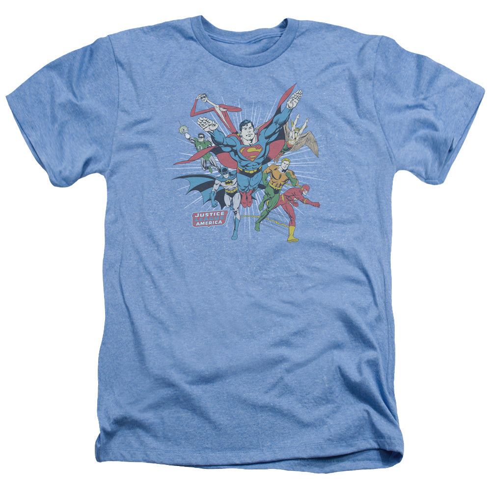 AN OFFCIALLY LICENSED DC LEAD THE CHARGE MEN'S HEATHER T-SHIRT LIGHT BLUE