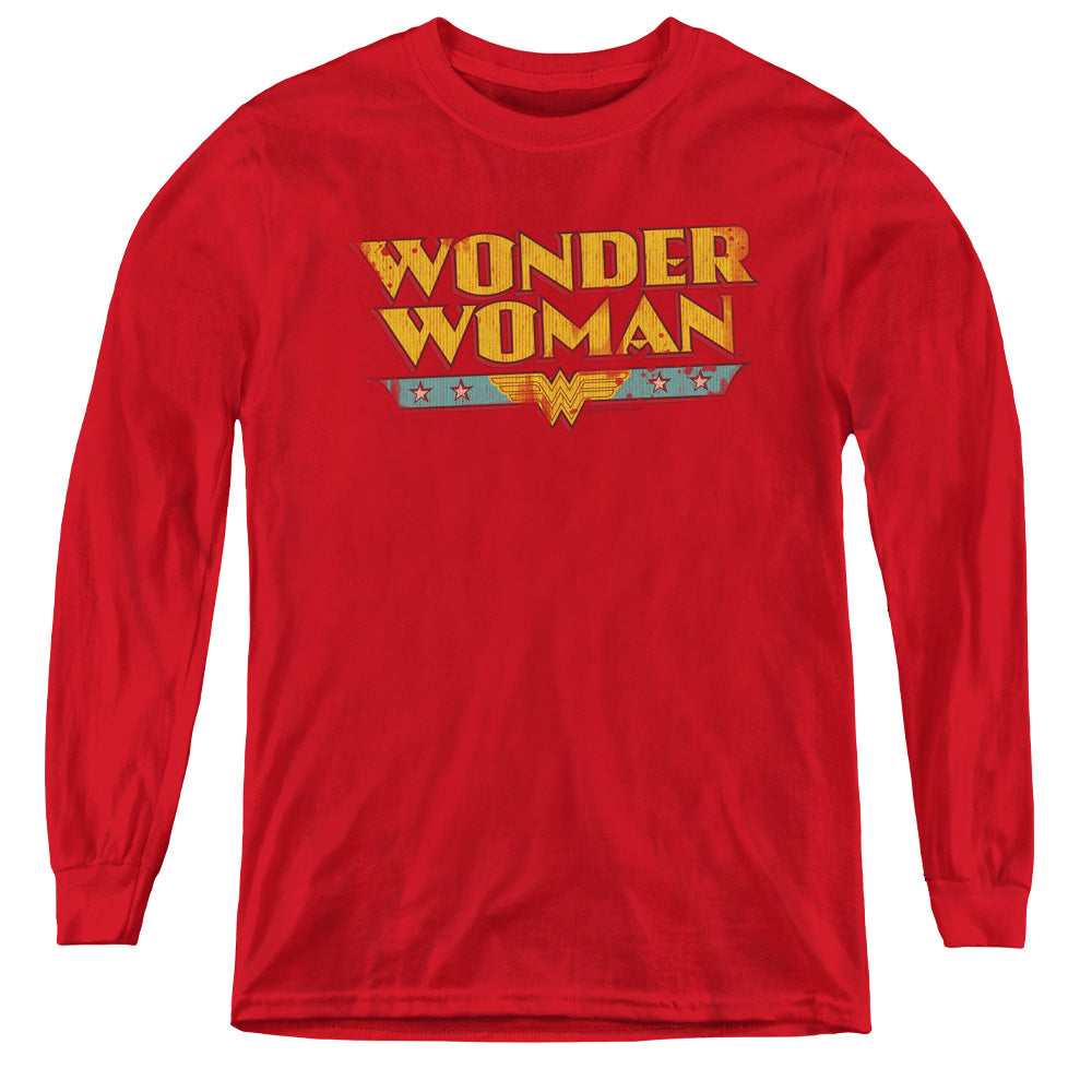 AN OFFCIALLY LICENSED DC WONDER WOMAN LOGO YOUTH LONG SLEEVE T-SHIRT RED