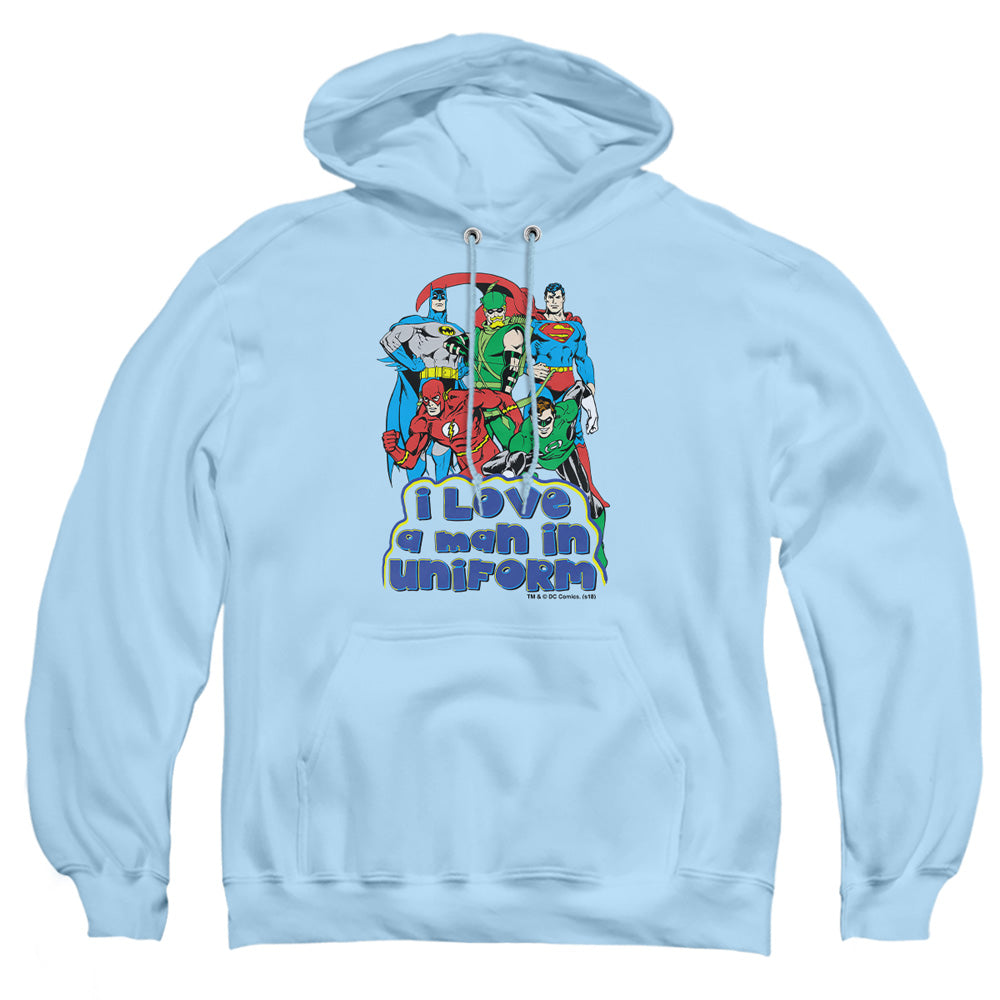 AN OFFCIALLY LICENSED DC I LOVE A MAN IN UNIFORM ADULT UNISEX PULLOVER HOODIE LIGHT BLUE