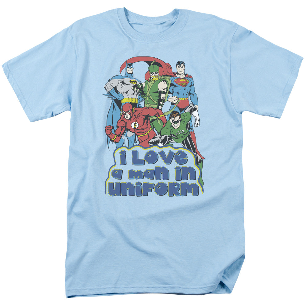 AN OFFCIALLY LICENSED DC I LOVE A MAN IN UNIFORM MEN'S REGULAR FIT T-SHIRT LIGHT BLUE