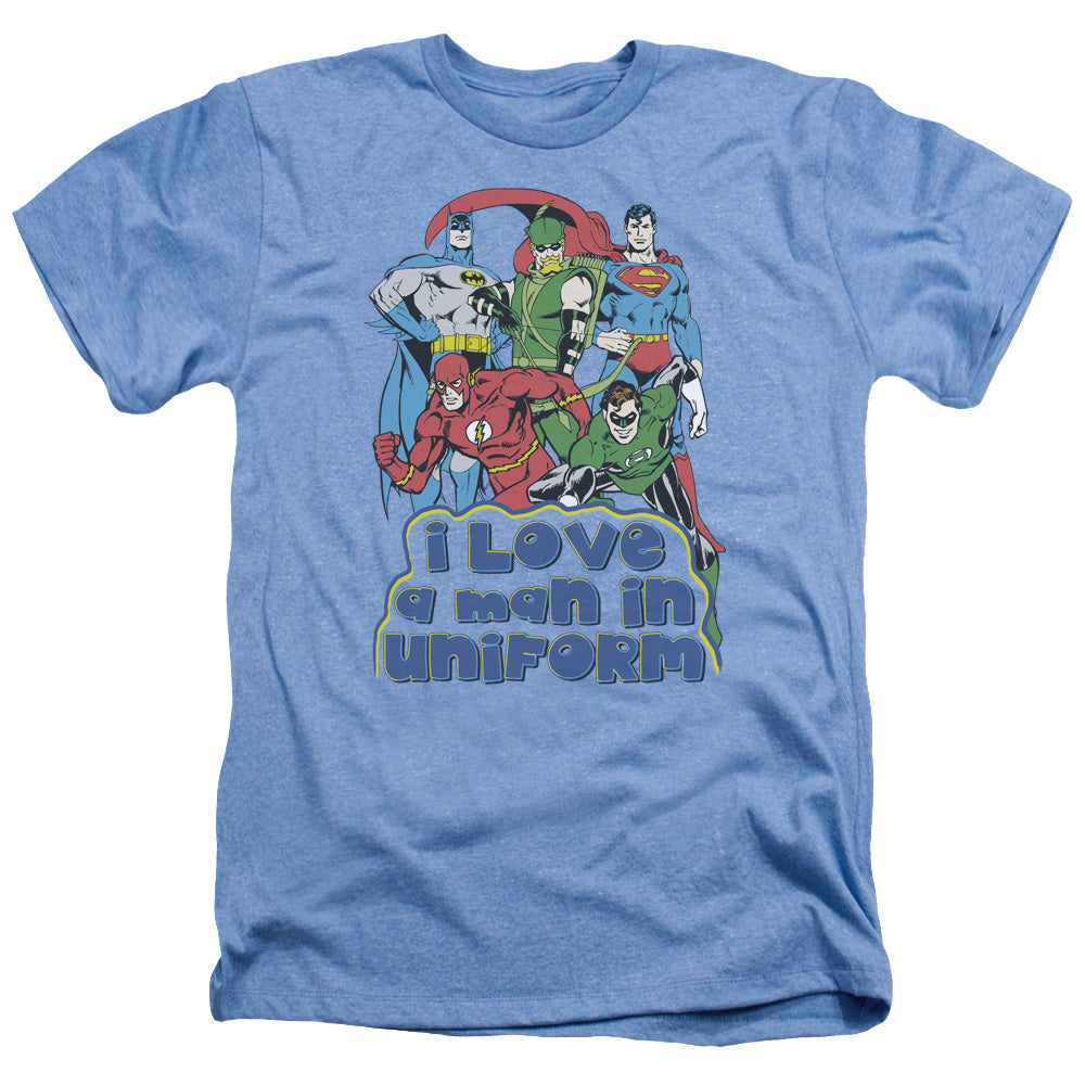 AN OFFCIALLY LICENSED DC I LOVE A MAN IN UNIFORM MEN'S HEATHER T-SHIRT LIGHT BLUE