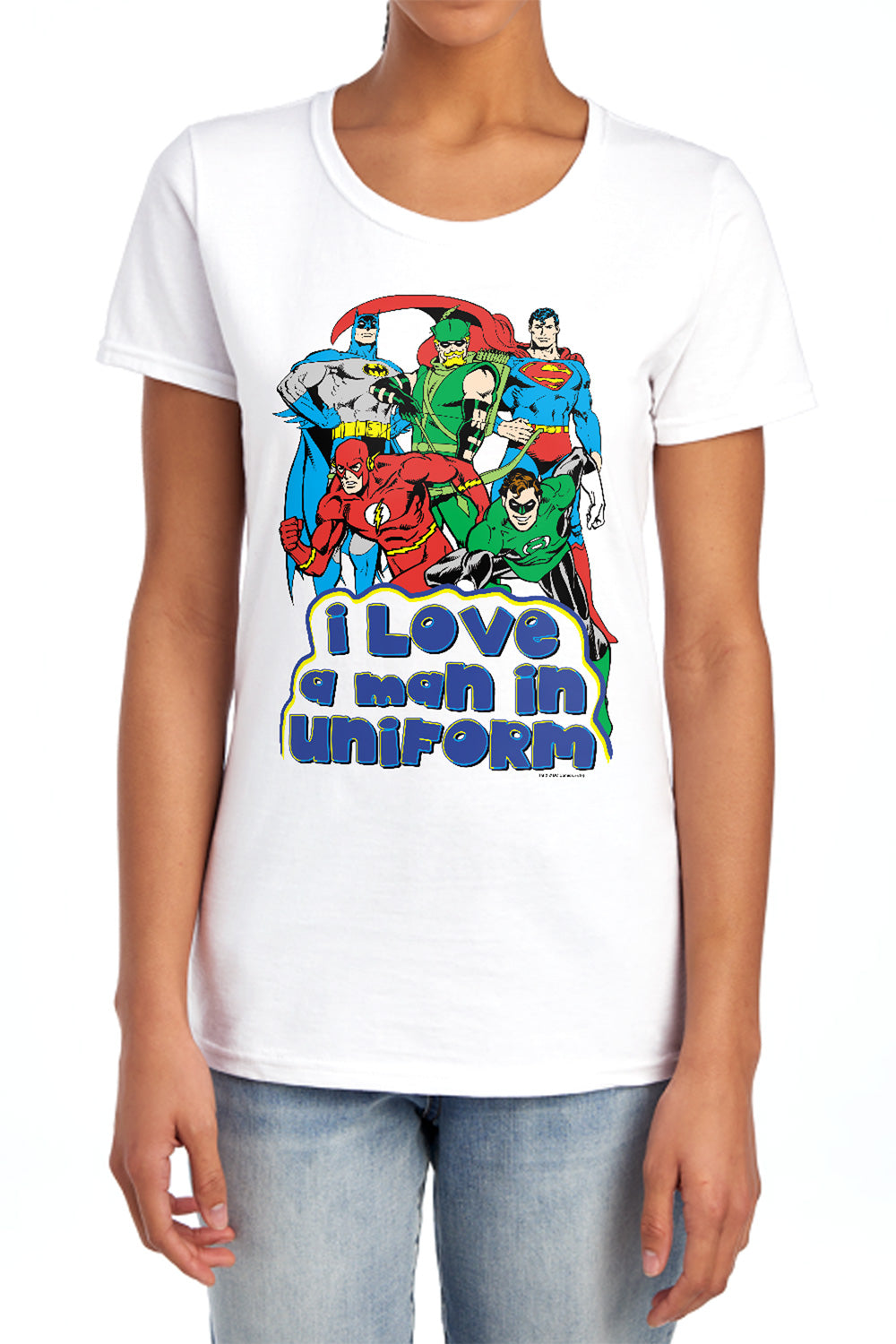 AN OFFCIALLY LICENSED DC I LOVE A MAN IN UNIFORM WOMEN'S REGULAR FIT T-SHIRT LIGHT BLUE