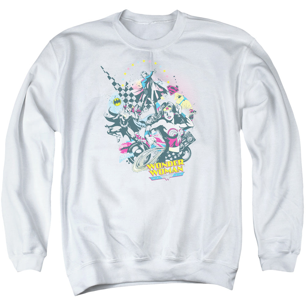AN OFFCIALLY LICENSED DC POWER TRIO ADULT UNISEX CREWNECK SWEATSHIRT WHITE