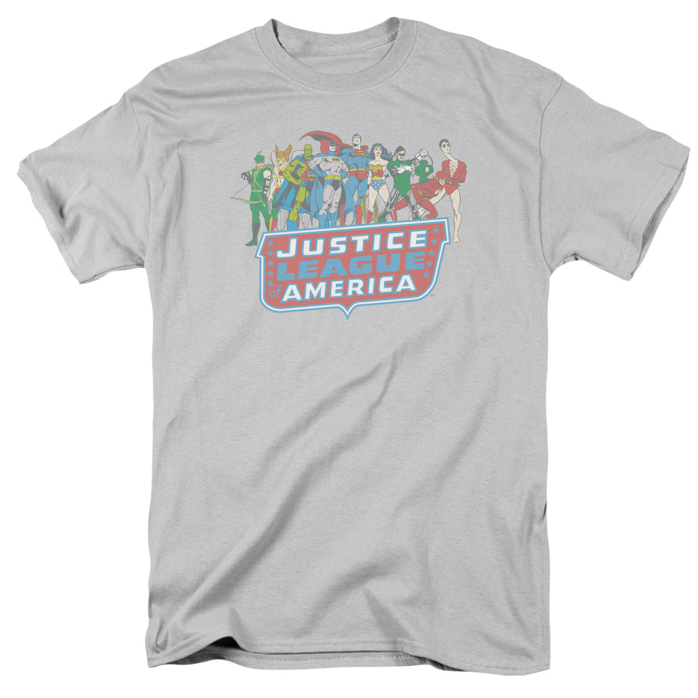 AN OFFCIALLY LICENSED DC JLA LINEUP MEN'S REGULAR FIT T-SHIRT SILVER