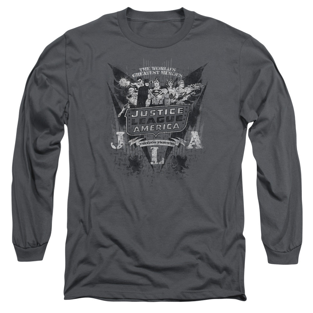 AN OFFCIALLY LICENSED DC GREATEST HEROES MEN'S LONG SLEEVE T-SHIRT CHARCOAL