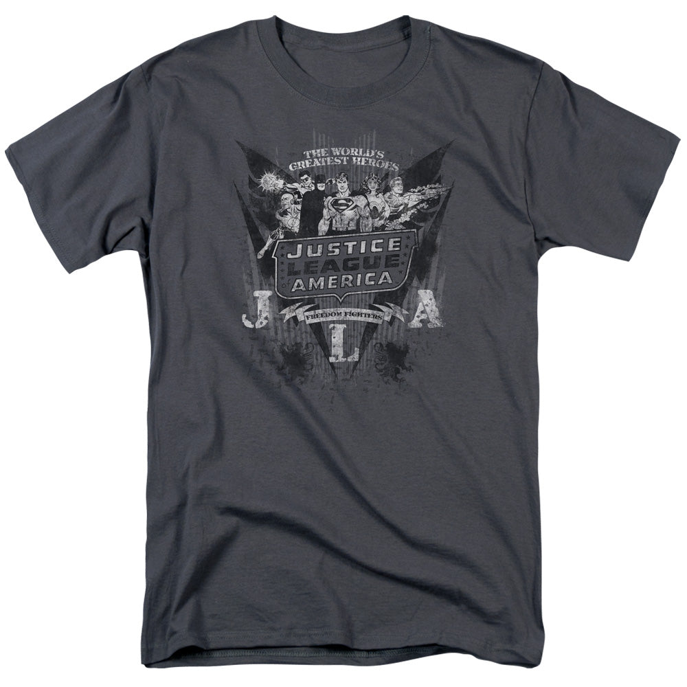 AN OFFCIALLY LICENSED DC GREATEST HEROES MEN'S REGULAR FIT T-SHIRT CHARCOAL