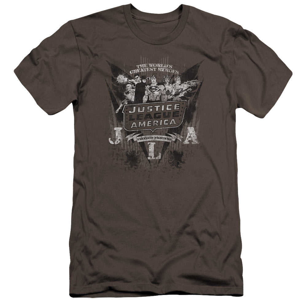 AN OFFCIALLY LICENSED DC GREATEST HEROES MEN'S PREMIUM SLIM FIT T-SHIRT CHARCOAL