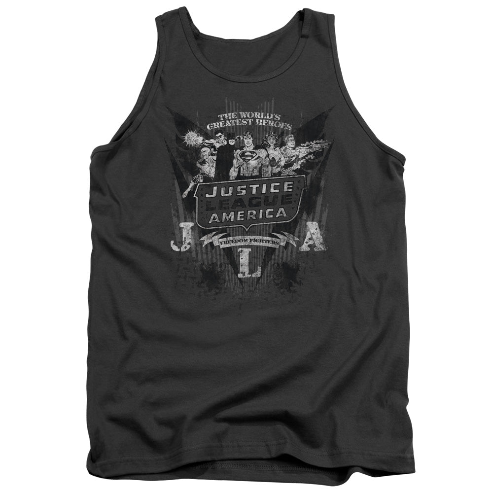 AN OFFCIALLY LICENSED DC GREATEST HEROES ADULT UNISEX TANK TOP CHARCOAL