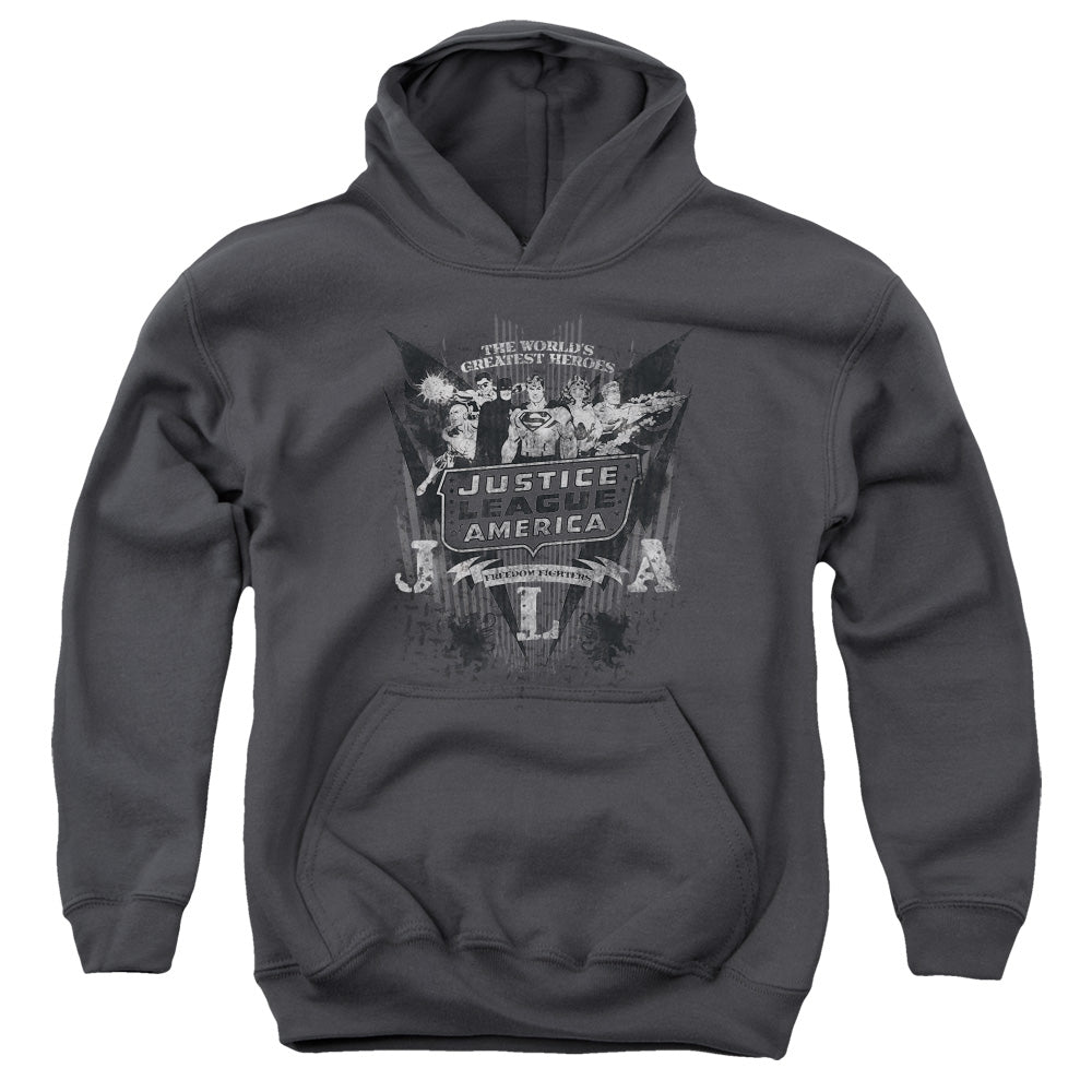 AN OFFCIALLY LICENSED DC GREATEST HEROES YOUTH HOODIE CHARCOAL