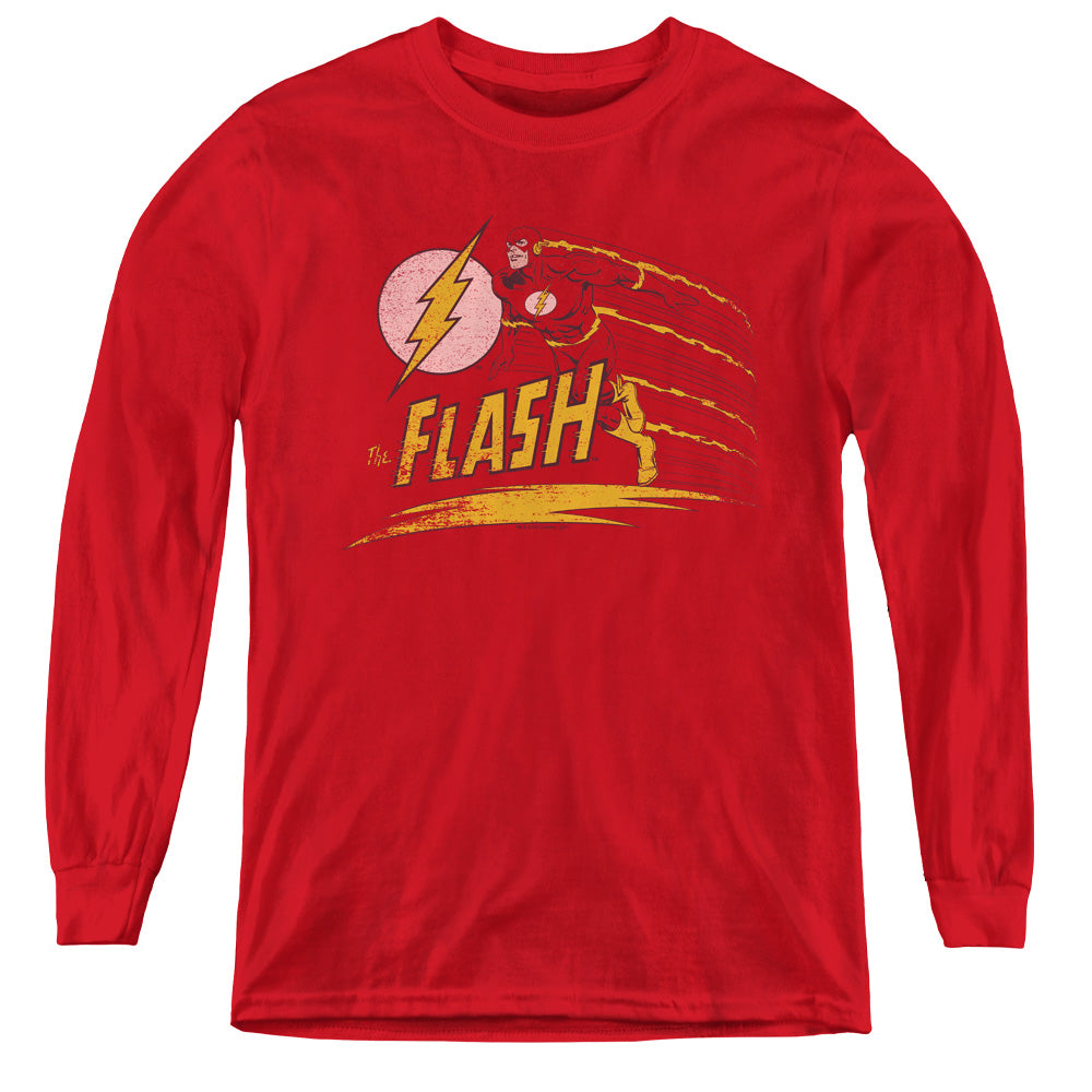 AN OFFCIALLY LICENSED DC FLASH LIKE LIGHTNING YOUTH LONG SLEEVE T-SHIRT RED