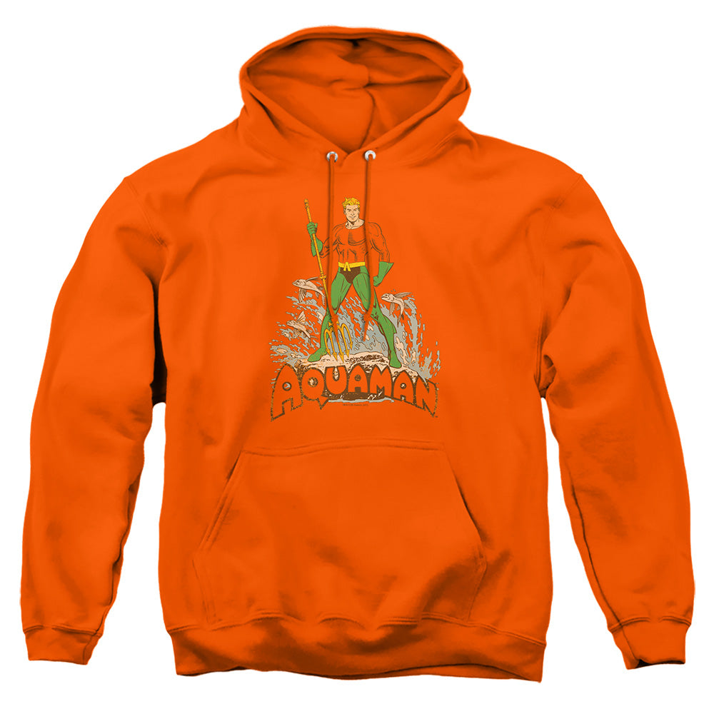 AN OFFCIALLY LICENSED DC AQUAMAN DISTRESSED ADULT UNISEX PULLOVER HOODIE ORANGE